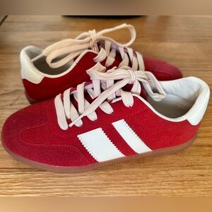 Red Suede Women's Sneakers with White Stripes